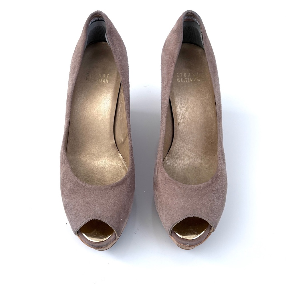 Stuart Weitzman | Beige Suede Peep Toe‎ Cork Wedge Shoes Size 6 - Picture 3 of 8